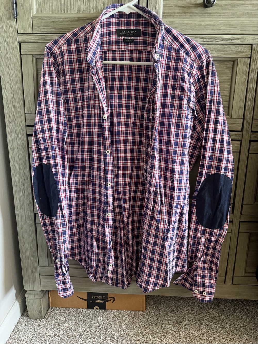 Zara Men's Red & Navy Plaid Button-Up Shirt